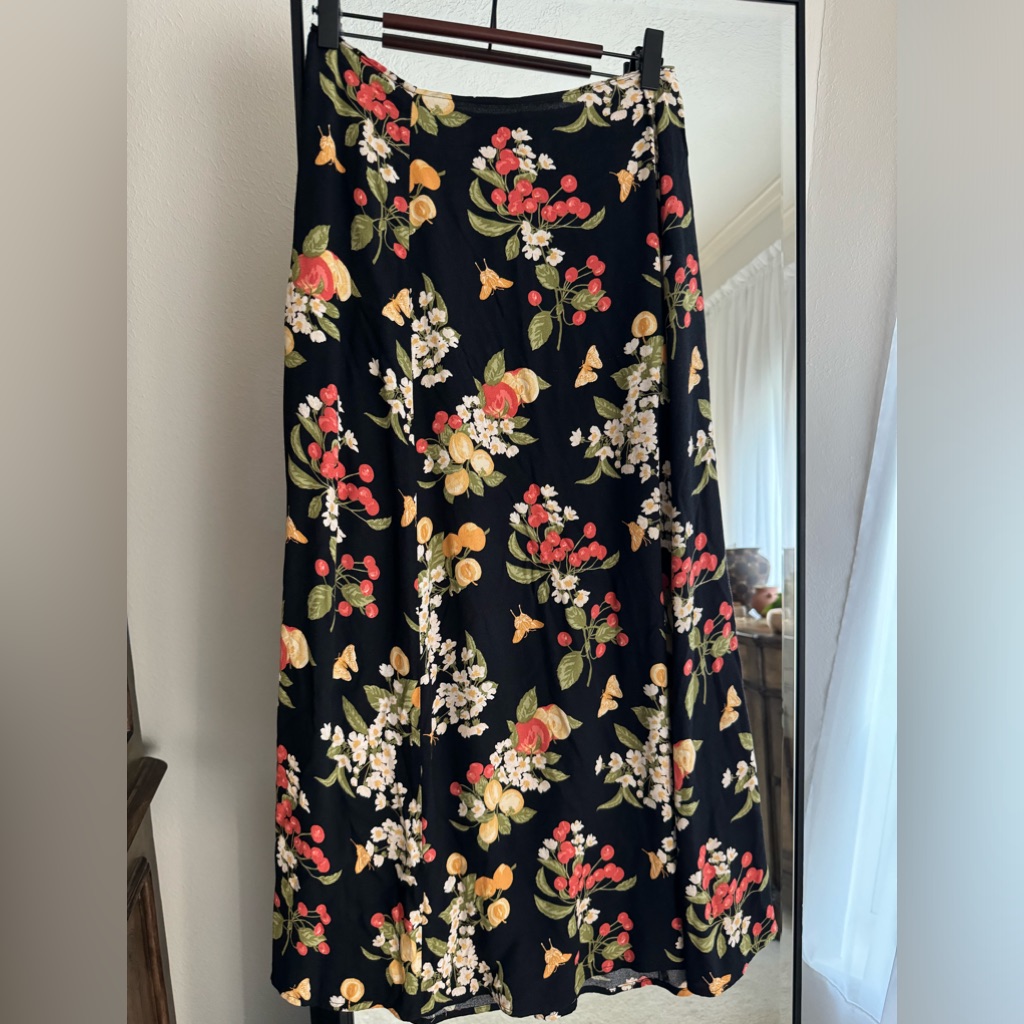 Reformations Fruit Apple Cherry Butterfly Midi Skirt Black Orange Yellow White